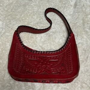 Vintage Red Leather Embossed Shoulder Bag